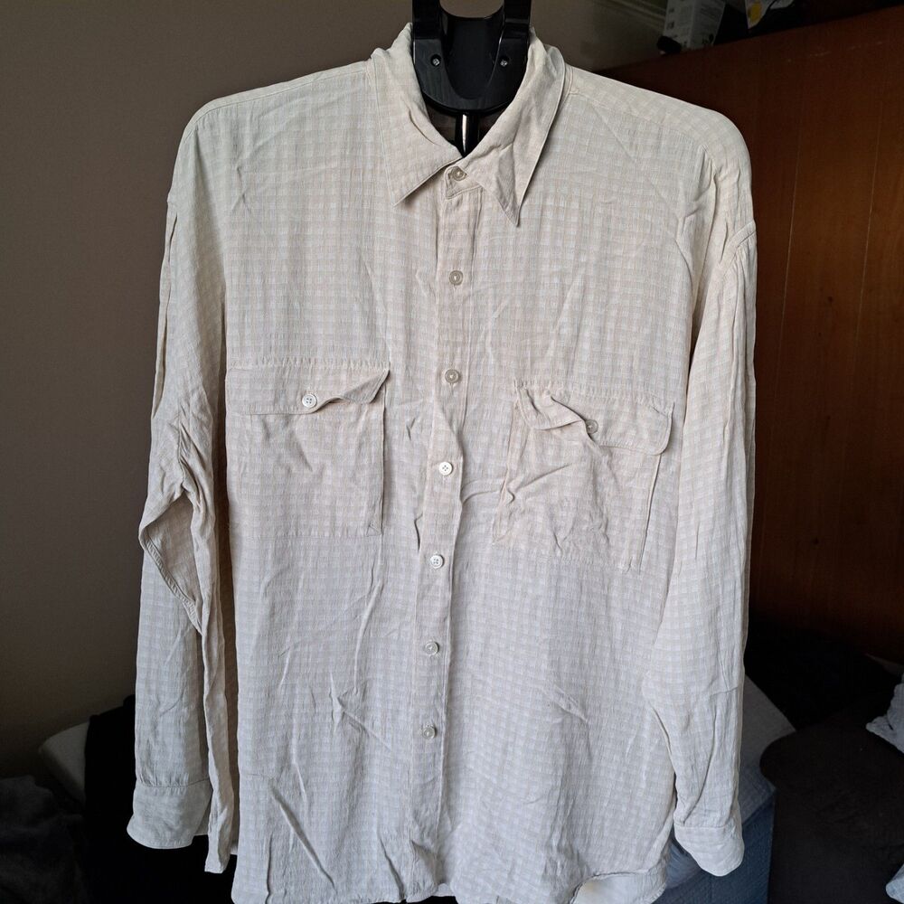 Perry Ellis Men's Beige Button Down Linen 100% Rayon Long Sleeve Shirt Sz XL